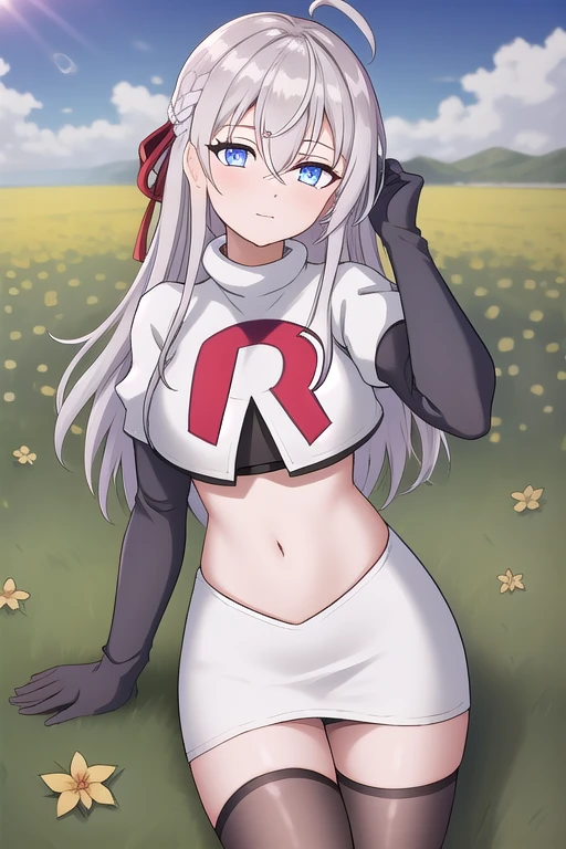 alisa,1girl,solo,long_hair,looking_at_viewer,bangs,blue_eyes,hair_between_eyes,hair_ribbon,ahoge,grey_hair,team rocket,team rocket uniform,white skirt,red letter R,crop top,black thigh-highs,black elbow gloves,flower_field