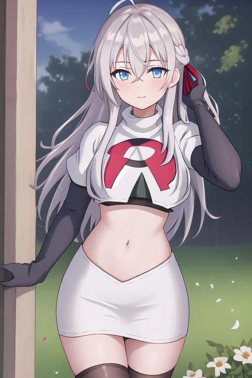 alisa,1girl,solo,long_hair,looking_at_viewer,bangs,blue_eyes,hair_between_eyes,hair_ribbon,ahoge,grey_hair,team rocket,team rocket uniform,white skirt,red letter R,crop top,black thigh-highs,black elbow gloves,flower_field