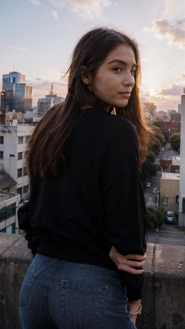 young woman looking at the camera, black sweatshirt, city, bright sunset