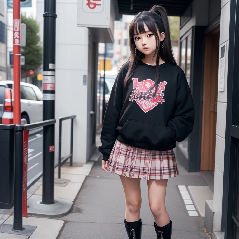 18year-oldJapanese girl, checkered high mini skirt, boots, standing facing forward, wearing  female sweatshirt, idol, girlfriend feeling, standing upright