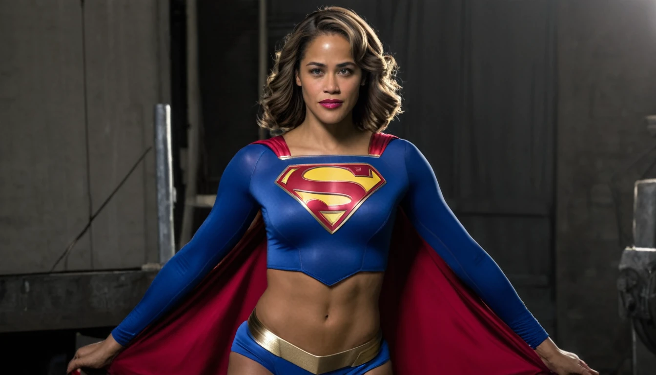 powerful, kindhearted, extremely attractive and confident; Paula Patton Supergirl 1984s movie costume; HD. Photograph, ((realism)), extremely high quality RAW photograph, ultra detailed photograph, sharp focus, high resolution, (detailed skin:1,3),high quality, film grain, Fujifilm XT3,Highly Detailed, movie, (Cinematic Photo:1.3) of (Realistic:1.3). Super breasts.