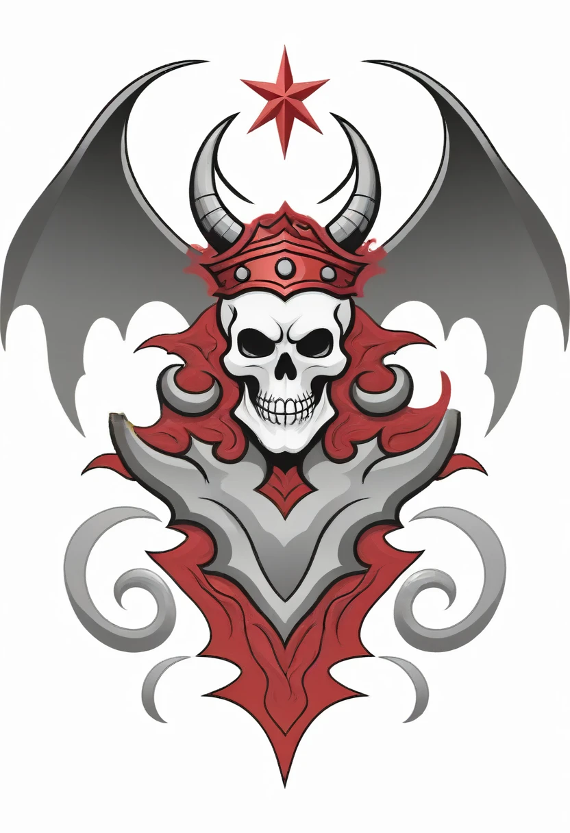 skulls with horns and red wings on a white background with the words ", skull design for a rock band, heavy metal tshirt design, demons of hell, adorned with demon skulls, skull image on the vest, heavy metal art style, skulls around, morphing skulls, skull on the chest, satanic wings, demonic symbols, colored illustration for tattoo, sacred skulls, with a crown of skulls, grotesque hell, fantasy skull, satanic symbolism, heavy metal artwork, intricate devilish designs, death skull