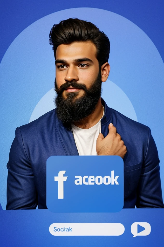 Prompt: Create a 3D illustration featuring a realistic image of person, A handsome boy with beards , in front of a social media logo. Specifically Facebook , sitting on large text that says "Facebook". Background of the image should showcase a social media profile with the username insert Dehati Ladke, and a matching profile picture.