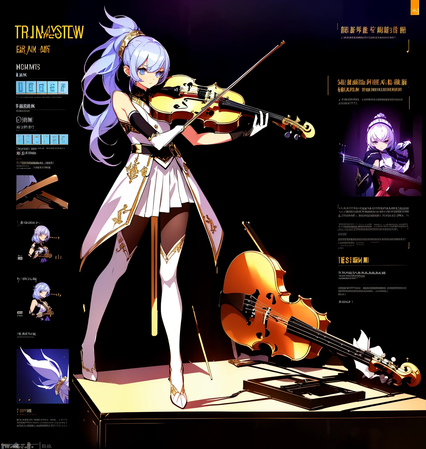 Show game characters, A female musician，(1 Girl). （gold：0.4，White：0.8）clothing, Stylish and unique, ((Displaying musical instruments:1.4)), A magical violin，不仅是演奏的masterpiece，It is also a weapon of battle, (masterpiece:1.2), (best quality), 4K, Extremely detailed, (Step-by-step design, The Art of Layout:1.5), (Luminous lighting, Atmospheric lighting), Final Fantasy Style, virtuoso，Musical notes, ((glove full hands)), Belief, (((暴露的clothing:1.3))),Exquisite playing gloves, Armored Legs, (((full_Body_shooting:1.4)))