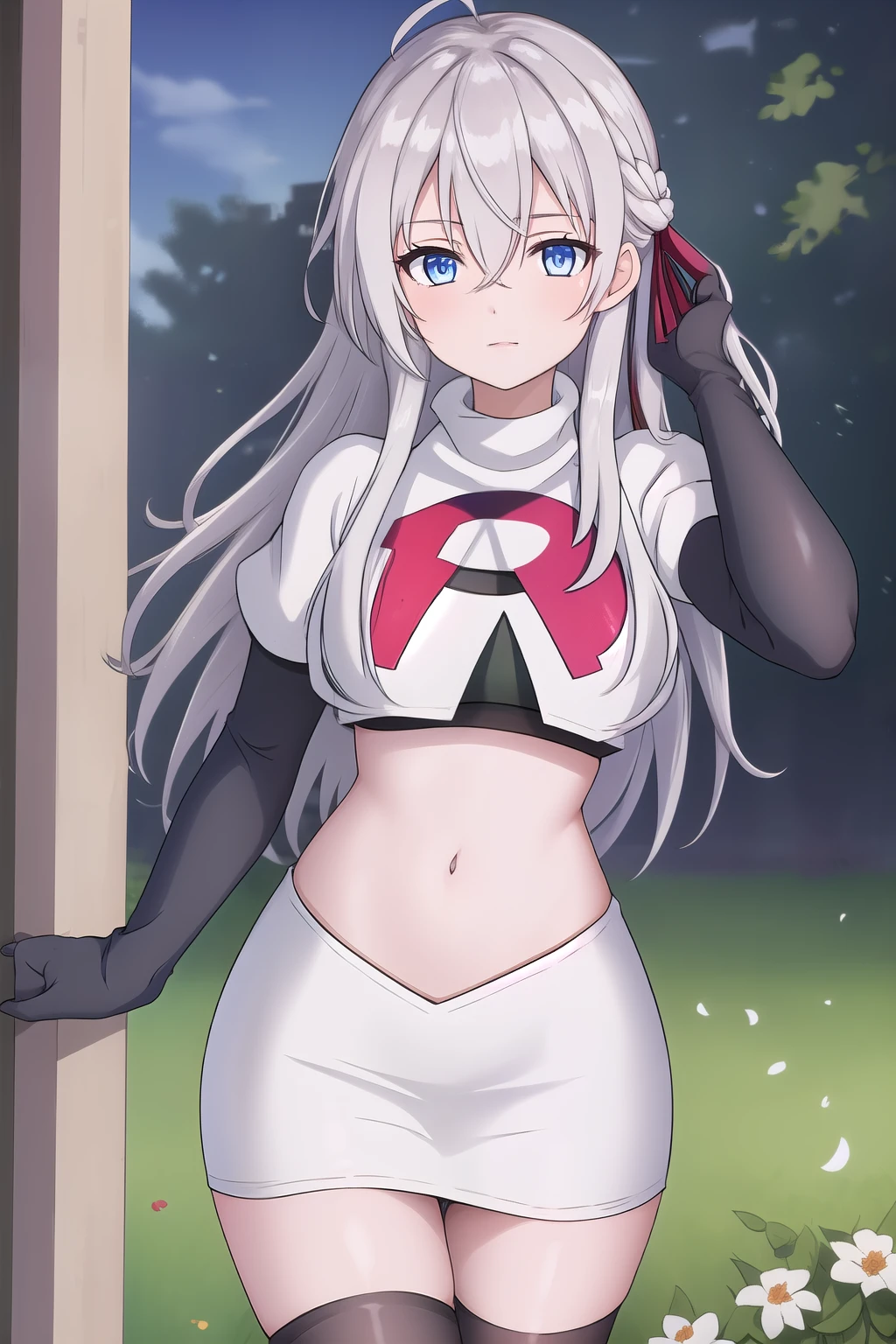 alisa,1girl,solo,long_hair,looking_at_viewer,bangs,blue_eyes,hair_between_eyes,hair_ribbon,ahoge,grey_hair,team rocket,team rocket uniform,white skirt,red letter R,crop top,black thigh-highs,black elbow gloves,flower_field