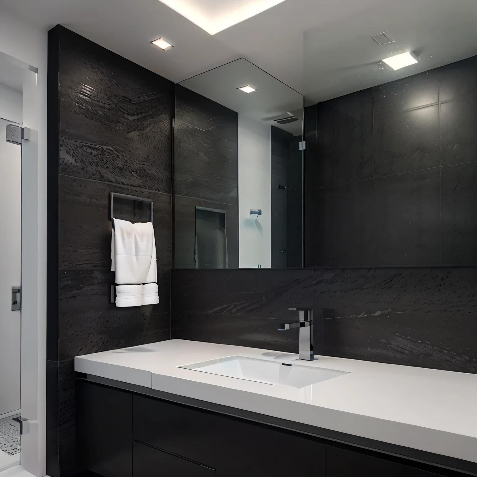 there is a bathroom with a sink and a shower in it, modern bathroom, premium bathroom design, mirror and glass surfaces, clean and pristine design, dark and modern, award winning dark lighting, modern minimalist f 2 0, detailed archviz render, modern minimalist f 2 0 clean, interior of a bathroom, dark black porcelain skin, minimalist design, vivid attention to detail