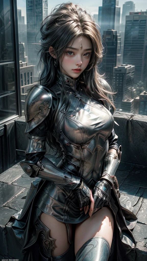 ((masterpiece, Highest quality, High resolution, Realistic, born, 8k wallpaper)),Bright expression、Pony Talk、young, Sparkling, White and glowing skin、Big eyes and very sexy、 Well-formed face、(Huge and stunning goddess shot, Very hot and sexy, Amazing beauty, Perfect proportions, Beautiful body, Slim body beauty: 1.4), Standing on top of a skyscraper女性の後ろ姿, Standing on top of a skyscraper, Standing on the roof, Standing on the roof, Overlooking the modern city, Walk over a small city, Sitting on top of a skyscraper, mirror's edge in russia, Urban rooftops.(armor:1.3)、knighthood, (Equipped with sword and shield:1.2),Royal Style,Comic book style, , Scattered beneath the surface, Stunning details, Natural background, Surreal, movie, Dramatic lighting, Tabletop、(ornamental armor)、(Wear an aura:1.5)、Circlet、((Princess Night))、Frilled,Sexy Costumes、Wields a shining long sword