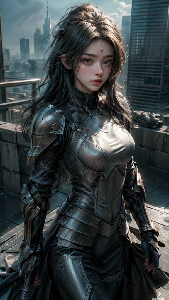((masterpiece, Highest quality, High resolution, Realistic, born, 8k wallpaper)),Bright expression、Pony Talk、young, Sparkling, White and glowing skin、Big eyes and very sexy、 Well-formed face、(Huge and stunning goddess shot, Very hot and sexy, Amazing beauty, Perfect proportions, Beautiful body, Slim body beauty: 1.4), Standing on top of a skyscraper女性の後ろ姿, Standing on top of a skyscraper, Standing on the roof, Standing on the roof, Overlooking the modern city, Walk over a small city, Sitting on top of a skyscraper, mirror's edge in russia, Urban rooftops.(armor:1.3)、knighthood, (Equipped with sword and shield:1.2)，Royal Style，Comic book style, , Scattered beneath the surface, Stunning details, Natural background, Surreal, movie, Dramatic lighting, Tabletop、(ornamental armor)、(Wear an aura:1.5)、Circlet、((Princess Night))、Frilled,Sexy Costumes、Wields a shining long sword