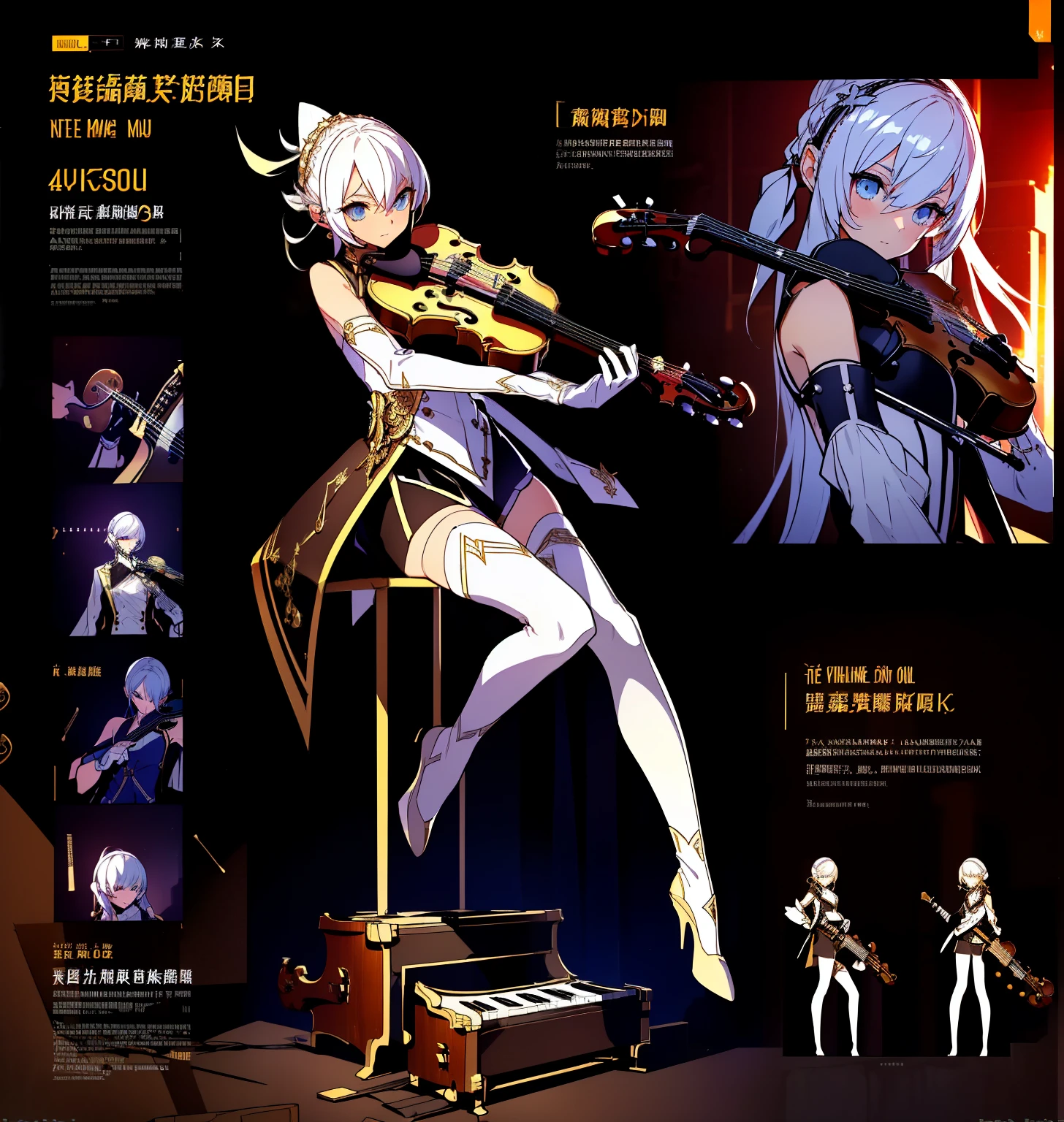 Show game characters, A female musician，(1 Girl). （gold：0.4，White：0.8）clothing, Stylish and unique, ((Displaying musical instruments:1.4)), A magical violin，不仅是演奏的masterpiece，It is also a weapon of battle, (masterpiece:1.2), (best quality), 4K, Extremely detailed, (Step-by-step design, The Art of Layout:1.5), (Luminous lighting, Atmospheric lighting), Final Fantasy Style, virtuoso，Musical notes, ((glove full hands)), Belief, (((暴露的clothing:1.3))),Exquisite playing gloves, Armored Legs, (((full_Body_shooting:1.4)))