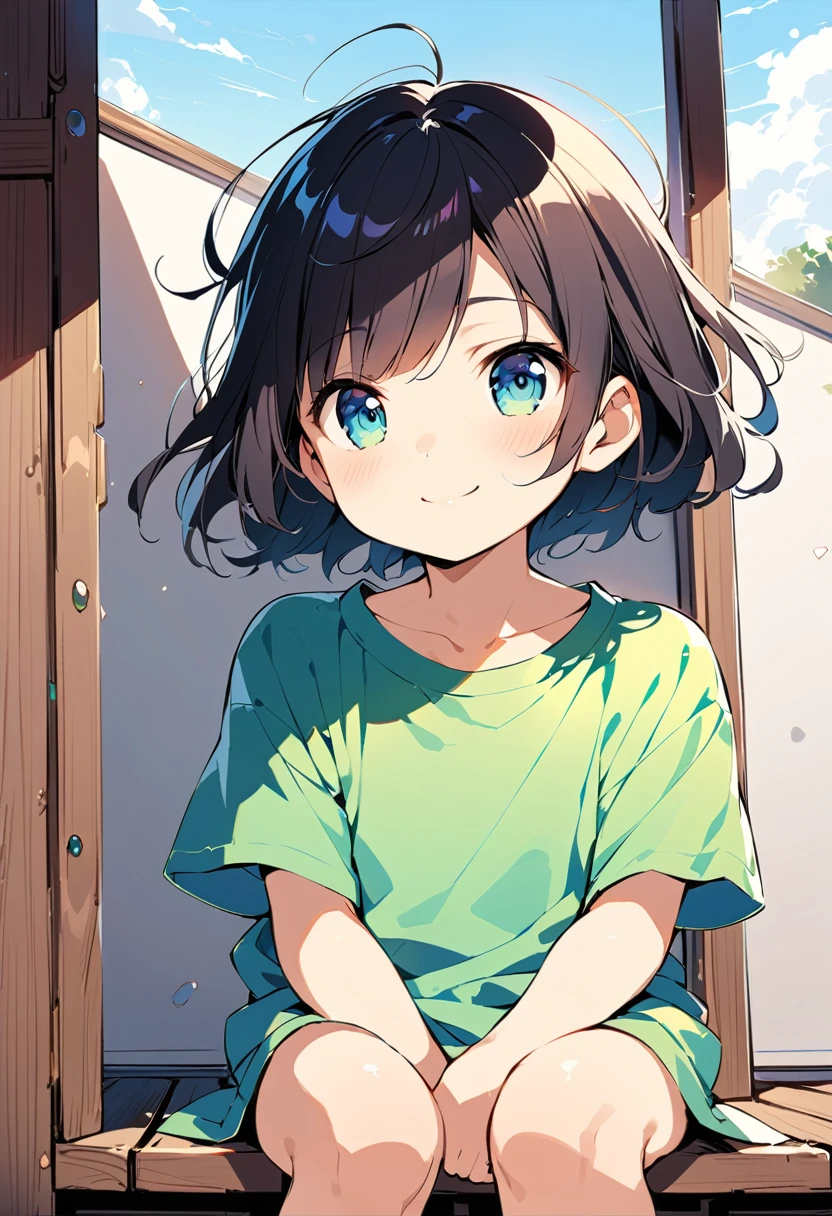 8K,masterpiece,Japanese,9-year-old boy,From the front,Smile,Lovely,Innocent face,Innocent,Gentle eyes,childish,Solid color T-shirt,Short sleeve,Mid-length model,Hair blowing in the wind,Black Hair,Slightly strong wind,noon,bright,sit