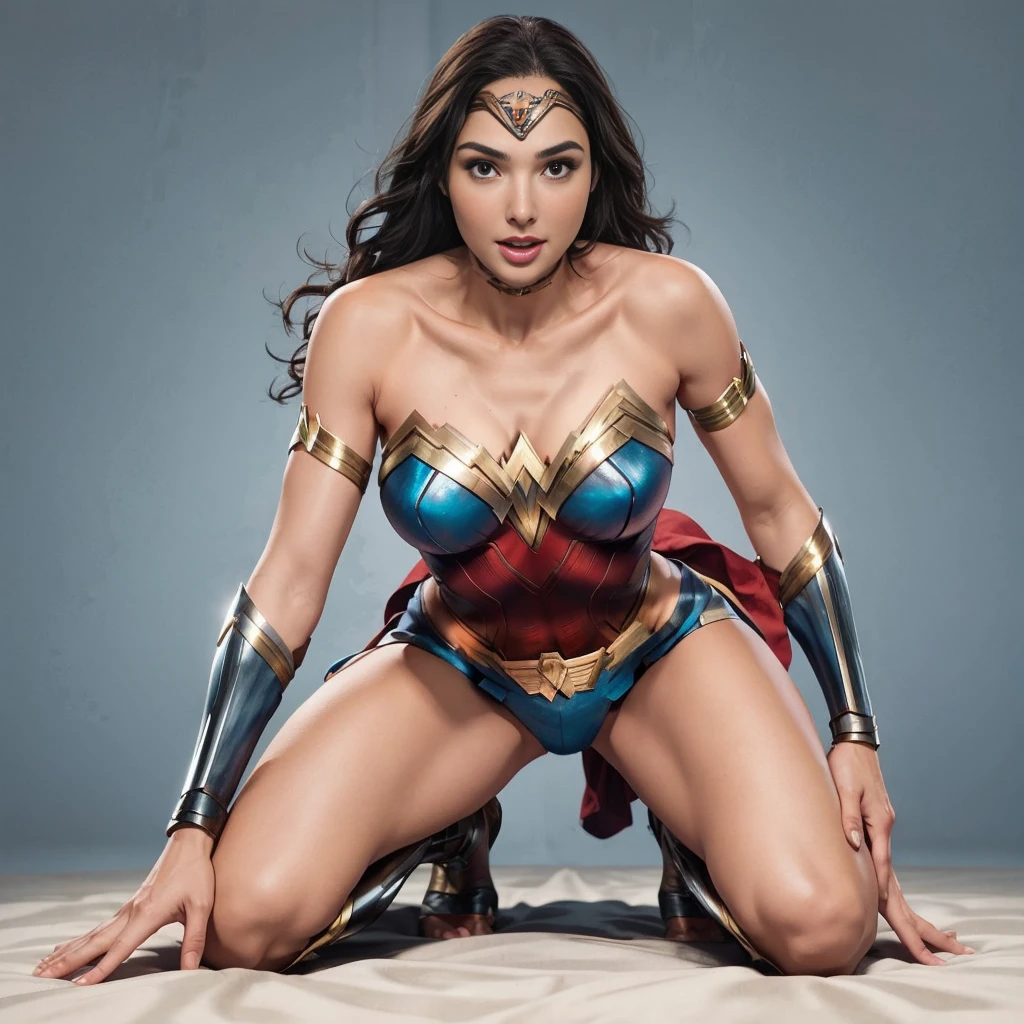 Gal Gadot plays Wonder Woman，beautiful face, Vivid expressions，Open mouth，Smile charmingly