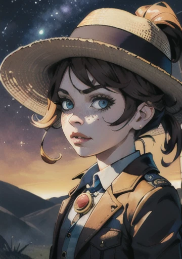 Arafed con sombrero de vaquero apoyada en un coche, En The Walking Dead, live-action adaptation, Carl Grimes, Los muertos vivientes, exclusivo, Lleva un sombrero vaquero marron, Lleva un sombrero, muertos vivientes, moderno, thomas, 🦩🪐🐞👩🏻🦳, Obra maestra, Arte alternativo, pale - skinned, obra maestra, mejor calidad, 1 hombre, joven, alto y delgado, guapo, ojos finamente detallados, detalles intrincados, sombrero vaquero marron, Parche blanco en el ojo, pelo largo lacio marron oscuro, ojos azules, chandler riggs, carl grimes.