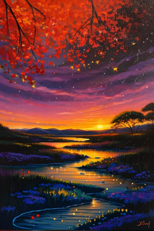 Highest quality、Landscape painting、Scenery of fireflies dancing