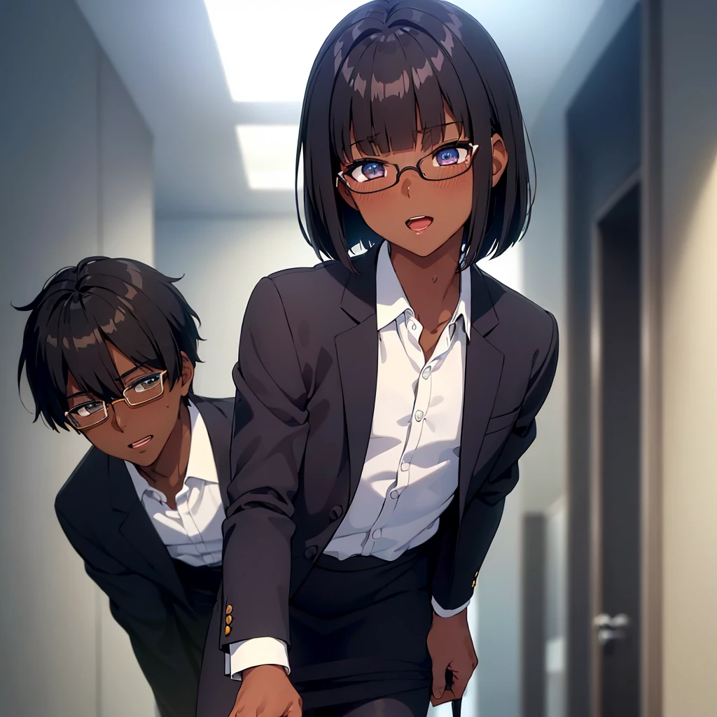 (1 boy:1.5),(dark skin:1.5),(masterpiece:1.2), highest quality, High resolution, unity 8k wallpaper, (fine and beautiful eyes:1.6), highly detailed face, perfect lighting, Detailed CG, (perfect hands, perfect anatomy),20 years old, (black hair:1.3), detailed eyes, best quality, extremely detailed, very precise detailed, (glasses:1.4), , (straight hair:1.5), (evil smile) ,long sidelocks, (blush:1.3),(very short bob:1.4),(blunt bangs:1.4), (greaming skin:1.3),bent over:,(flat chest),(business suit),(open mouth),pencil Skirt