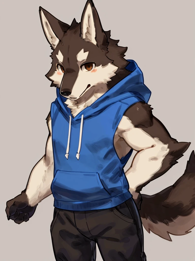 ((Best quality, masterpiece, detailed anatomy, detailed eyes, detailed hands, perfect lighting, perfect shading.)), by Buta99, by Kame3, 1male, Wolf, brown furs, tight body, dark brown eyes, skinny chub body, young body, blue sleeveless hoodie, black pants, brown boots, at the white background