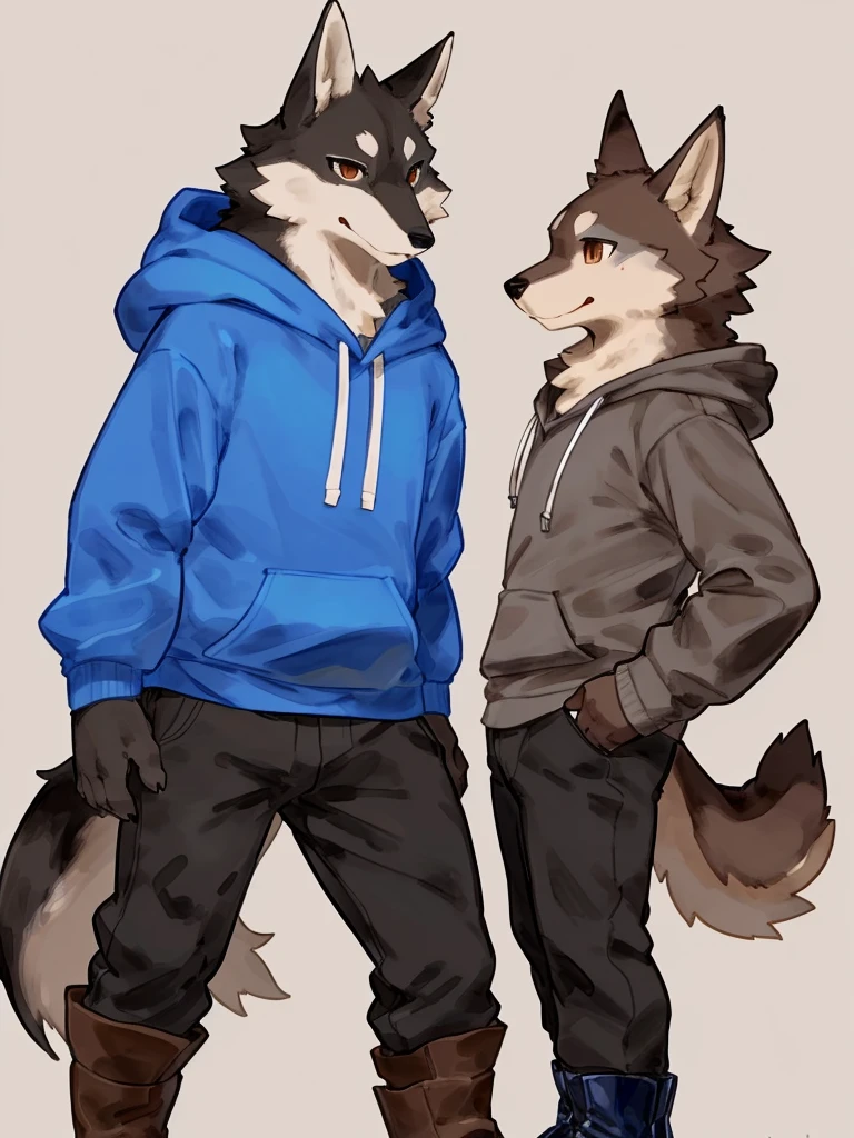((Best quality, masterpiece, detailed anatomy, detailed eyes, detailed hands, perfect lighting, perfect shading.)), by Buta99, by Kame3, 1male, Wolf, brown furs, tight body, dark brown eyes, skinny chub body, young body, blue sleeveless hoodie, black pants, brown boots, at the white background