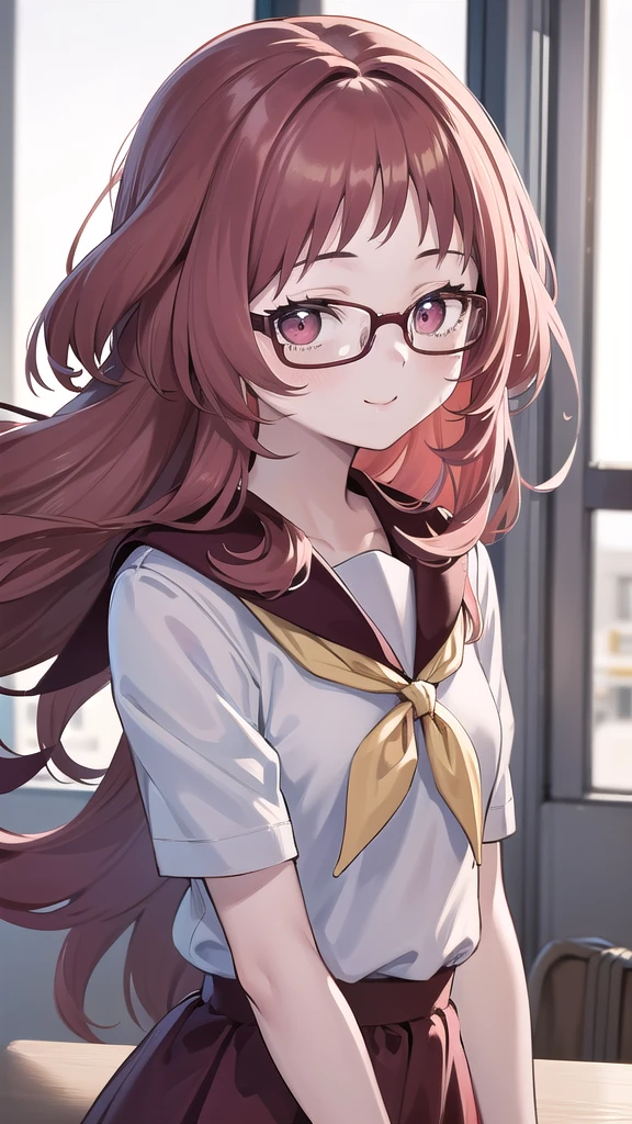 masterpiece, perfect lighting, (beautiful, best quality: 1.3), perfect eyes, absurd, 8k, 1 girl, alone, (absurdities), finely detailed, ai_mie, long hair, red eyes, red hair, red glasses, small breasts , smiling, eyes wide open, looking at viewer, Meaves, Glasses, long hair, Seraphuku, sailor collar, yellow scarf, white shirt, purple eyes, red dress, red hair, classroom, windowside