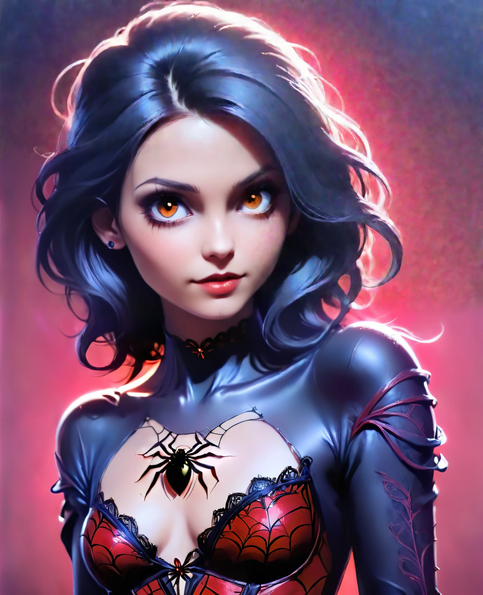 (Realistic:1.5), (((editorial photography))), (((extremely detailed))), ((masterpiece)), (gorgeous gothic woman in black red spider's web), dramatic lighting, (cinematic light:1.1), full body, (cute sexy:0.8), (cute face:1.2), Pleasure, faded colours, depth of field, 35 mm, analog photo style, gothic background, red splash particles with small luminism, spiders around, sunset, red dawn, dark atmosphere, medieval, intricate hair, inricate small details, (pale skin), hair ornament, long black hair, (fantasy world), (textured skin:1.4)