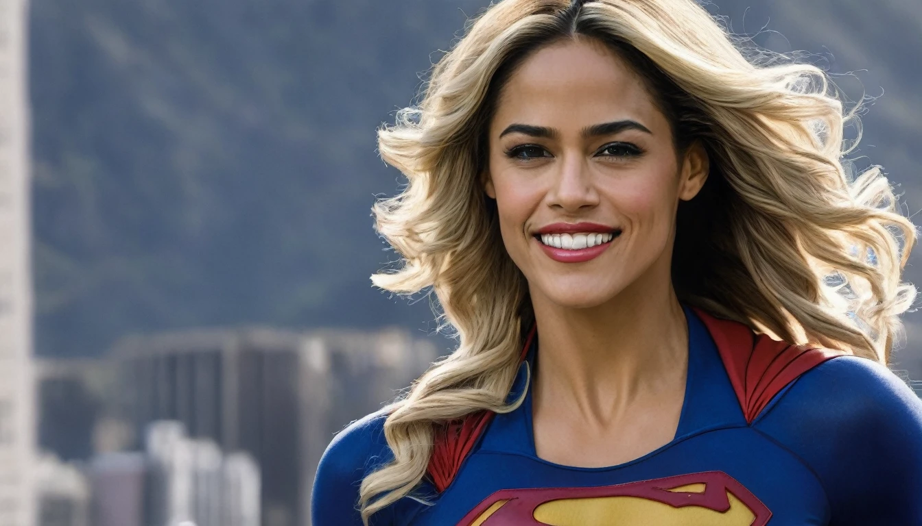 powerful, kind, attractive, smiling and confident; Paula Patton Supergirl 1984s movie costume;  HD. Photograph, ((realism)), extremely high quality RAW photograph, ultra detailed photograph, sharp focus, high resolution, (detailed skin:1,3),high quality, film grain, Fujifilm XT3,Highly Detailed, movie, (Cinematic Photo:1.3) of (Realistic:1.3). Super breasts.