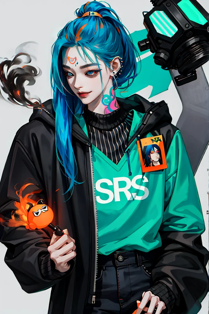kpop girl with rizz smile face, bad ass, black,neon cyan orange hair, tattoos on hands and neck, piercing, black mixed green striped sweater, cool badass pose, smoke background, colorful smoke background