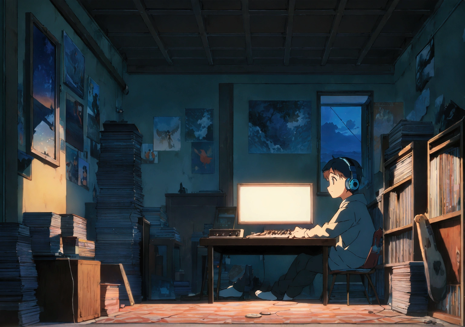 Boy wearing headphones and listening to music, Very detailedな, evening, sad mood, Bright light coming through the window, Night view, , 2D, (Shot from a distance), Wide Shot, (Noise from the film), Old cartoons, (Many records: 1.3), Single room, (masterpiece, Very high quality, Very high quality, Official Art, beautifully、beautiful: 1.2), (Very detailed, (Fractal Art: 1.4 ), guitar, (Note: 1.4), (Lo-fi Hip Hop), Side view, Old Anime Texture, alone, Old PC