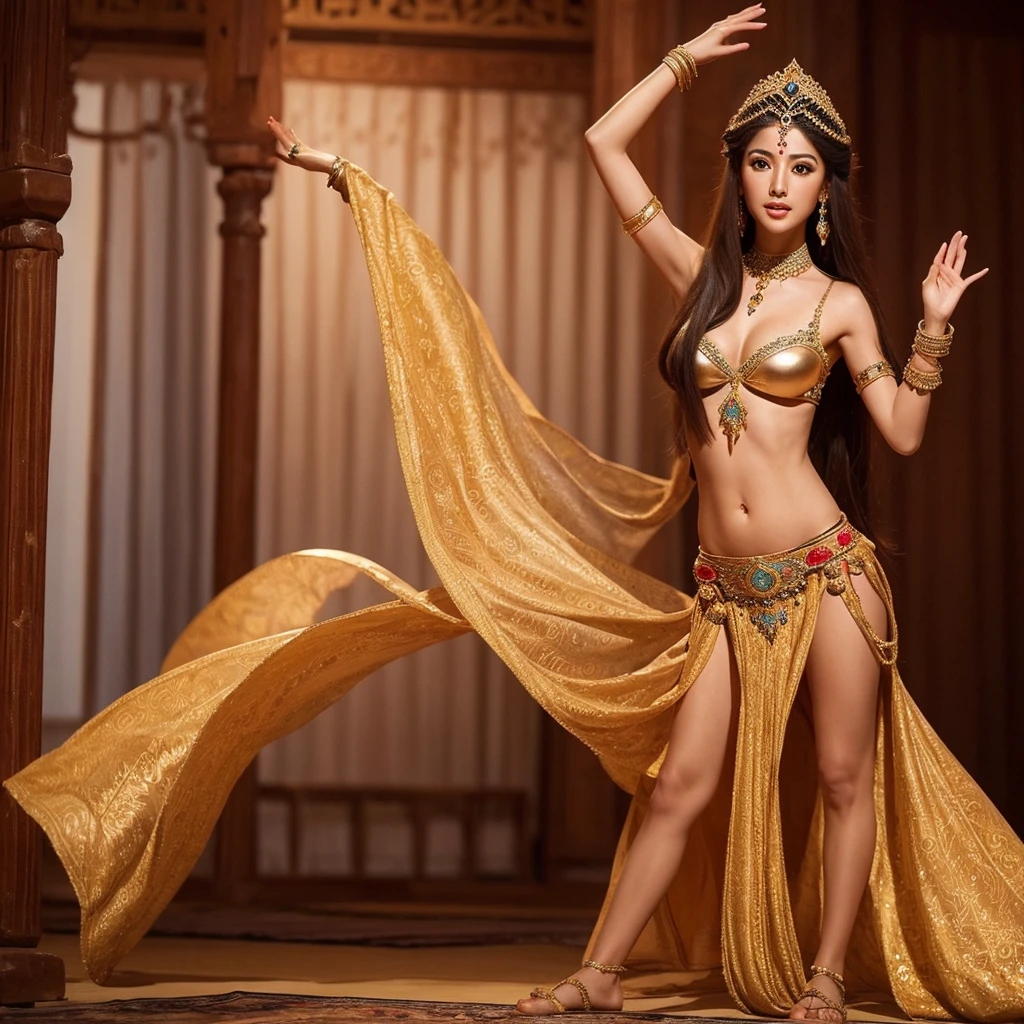 Once upon a time in ancient Arabia, the most beautiful and elegant concubine of all time., With her incredibly beautiful brown and long hair, with long and thin legs, She dances oriental belly dancing in the emperor's palace with her beautiful face and prominent breasts and hips. She shakes her belly and her hips and her hair so much it's impossible not to be mesmerized. She also shows off her beautiful body in a perfect outfit that is extremely tight and reveals her body and is adorned with diamonds and gold particles.. It dances like a snake.