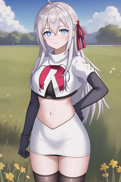 alisa,1girl,solo,long_hair,looking_at_viewer,bangs,blue_eyes,hair_between_eyes,hair_ribbon,ahoge,grey_hair,team rocket,team rocket uniform,white skirt,red letter R,crop top,black thigh-highs,black elbow gloves,flower_field