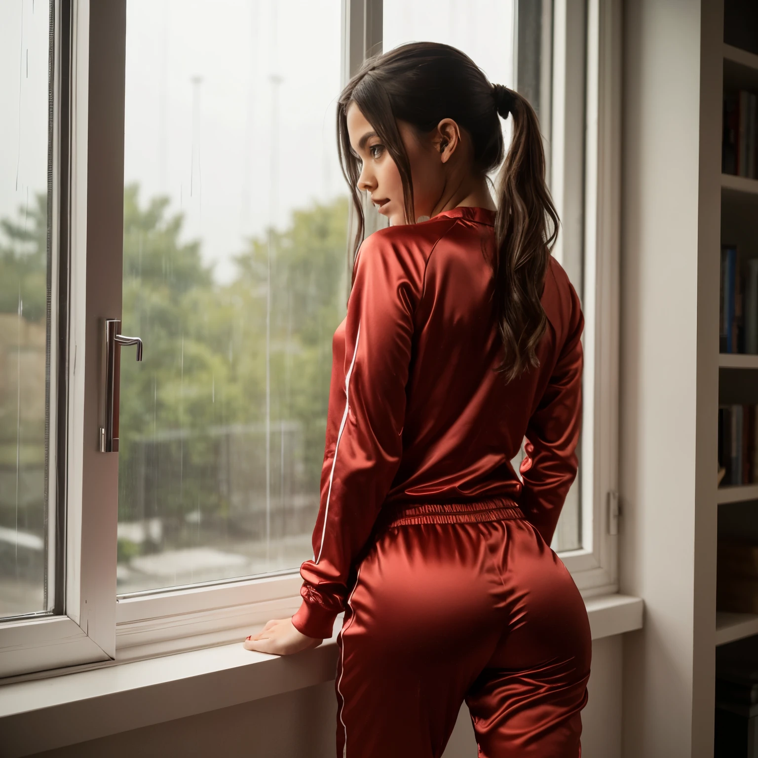 A young girl looks through a window and it is raining outside, she leans on the windowsill, she is wearing a sexy satin jogging suit,4K, sexy Ass, candid ass,
