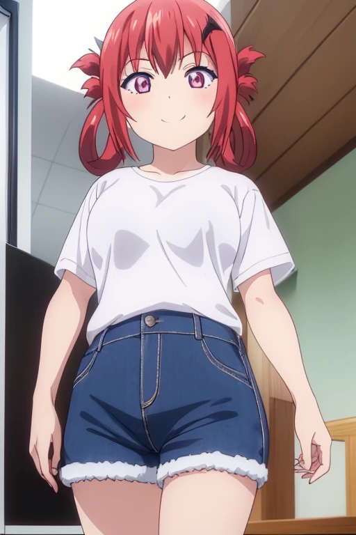 (Highest quality,masterpiece:1.2), (One girl、alone: 1.2), cute、smile、Detailed Background,(View your viewers、alone focus:1.2), Gavriel Dropout、Satanya、Shorts、T-Shirts