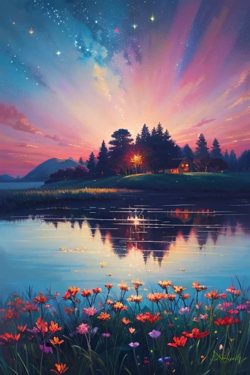 Highest quality、Landscape painting、Scenery of fireflies dancing