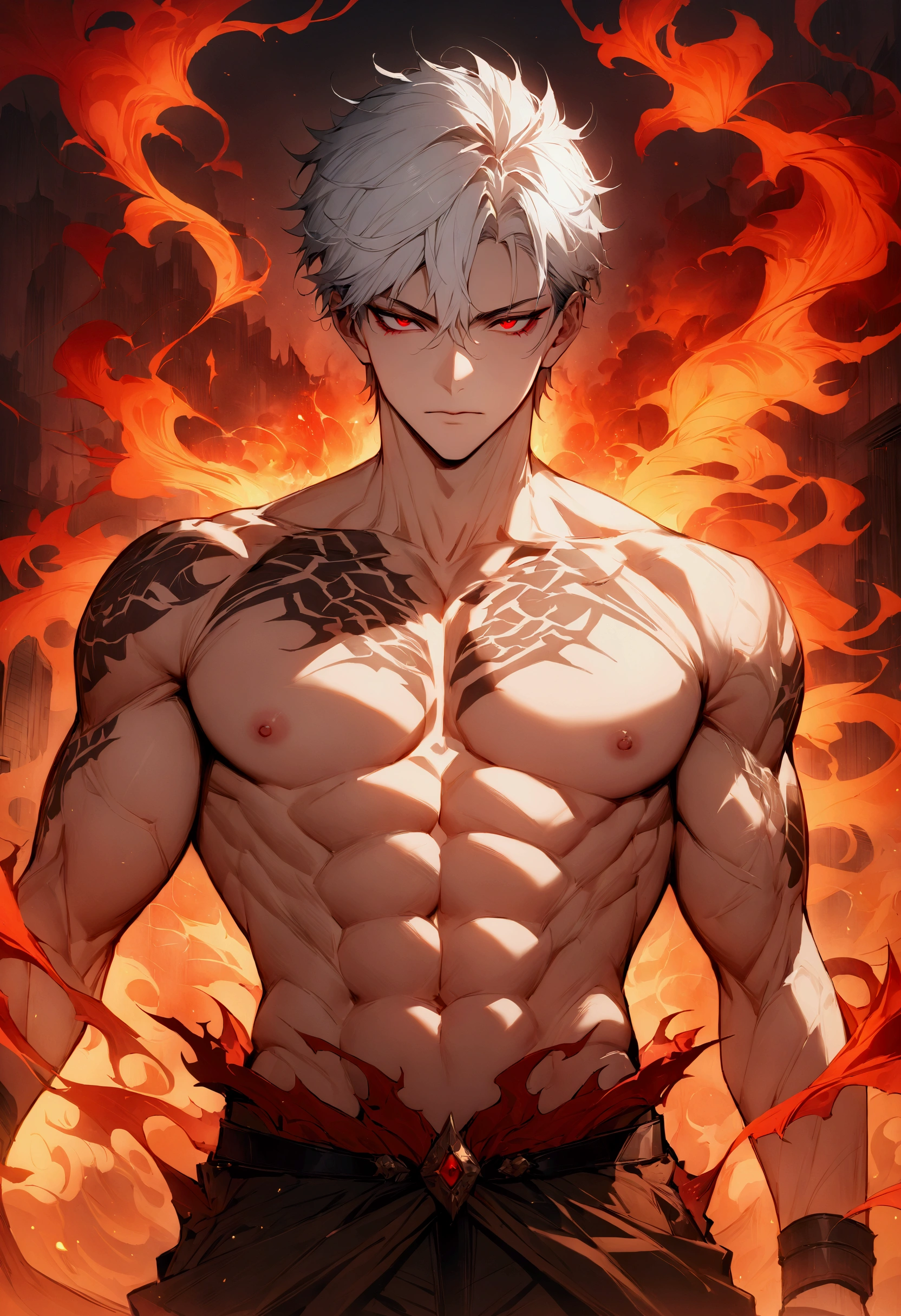 (masterpiece:1.3),(best quality:1.4),(Very detailedな:1.5),high resolution,Very detailed,muscle，Tattoo，Handsome white-haired guy，((Topless))，Ultra-short hair，smoke、Red Eyes、（The background is an image of a fiery hell）