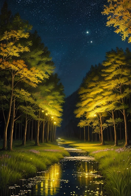 Highest quality、Landscape painting、Scenery of fireflies dancing