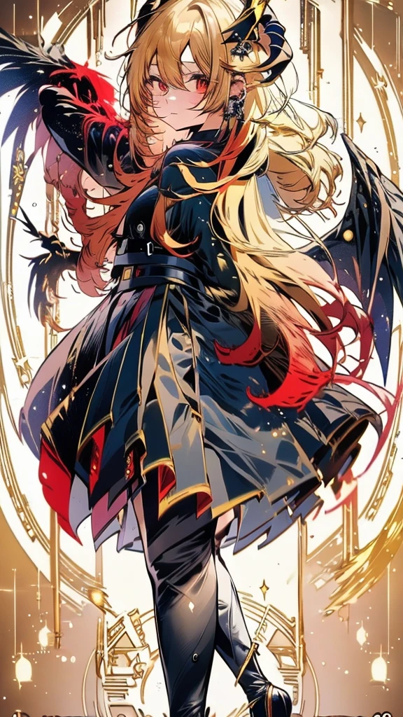 1 anime girl, anime style, (best quality,4k,8k,highres,masterpiece:1.2),ultra-detailed, has a golden long hair with bangs, has a phoenix wings, gold curved horns, has a red eyes, wearing a black suit with black trousers and black short boots, yellow magic circle behind, floating in the sky, wallpaper
