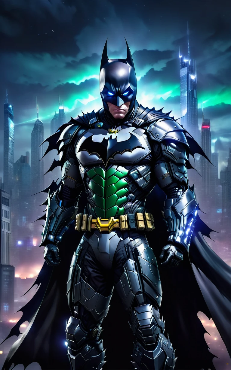 A striking, futuristic image of Batman fused with Terminator technology. Batman has a metallic, armored exoskeleton with a dark, menacing aura. His iconic bat symbol glows with a bluish-green holy energy, and he holds a high-tech, sleek looking gun. A background of a dystopian Gotham City is shown, with skyscrapers and darkness dominating the scene. The overall atmosphere is a mix of horror and sci-fi, with a hint of hope.