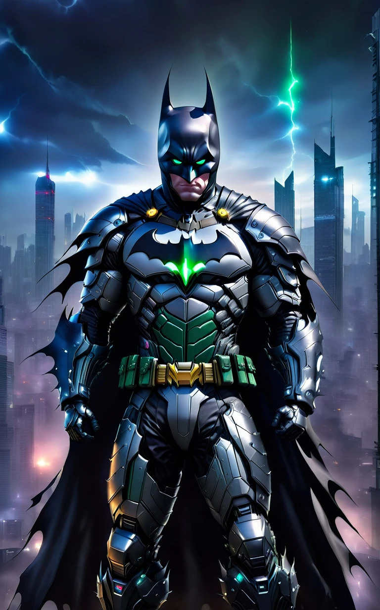 A striking, futuristic image of Batman fused with Terminator technology. Batman has a metallic, armored exoskeleton with a dark, menacing aura. His iconic bat symbol glows with a bluish-green holy energy, and he holds a high-tech, sleek looking gun. A background of a dystopian Gotham City is shown, with skyscrapers and darkness dominating the scene. The overall atmosphere is a mix of horror and sci-fi, with a hint of hope.