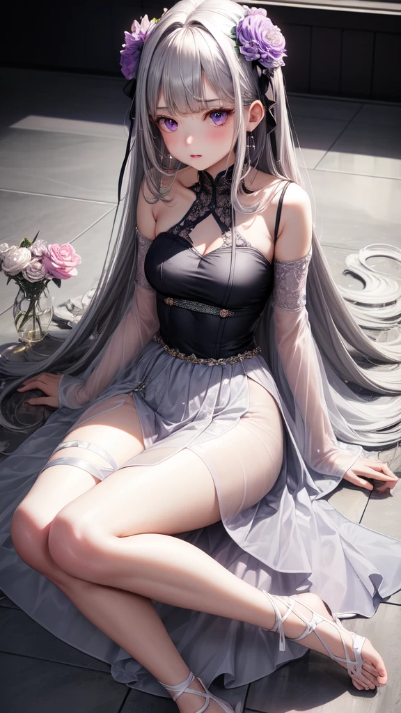 realisitic, 1 girl, gray hair, purples eyes, glare eyes, top cut, overskirt, parted lips, blush, natta, flowers, floor, floorlight, light white colors