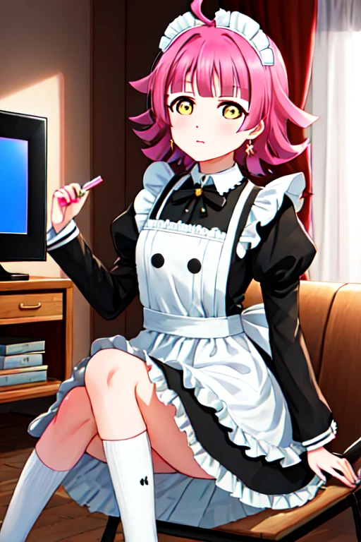 Highest quality, masterpiece, High resolution, alone, {Maid:1.40}, {long room dress:1.15}, {tennouji_Lina_Love Live School Idol Festival All Stars:1.15}, pink_hair, 前hair, Ahoge, dull_前hair, yellow_eye, short_hair, blush, dull_end, Playing with a game controller, tv set