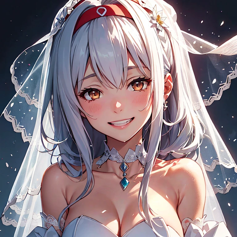 shoukaku_kantaicollection,long_hair, hairband, white_hair, brown_eyes,(masterpiece:1.4),(best quality:1.4), (amazing), (great illustration:1.4), (ultra-detailed:1.4), (art CG, 8K),1girl solo,
princess line wedding dress,(Happy Smile:1.4),(cry:1.2),