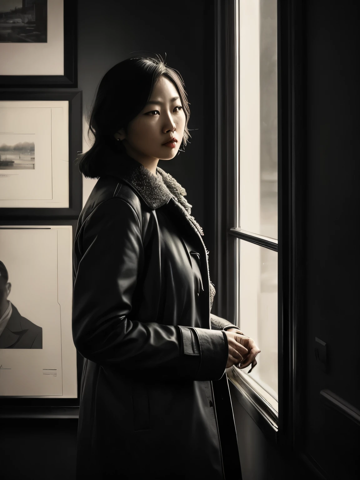 (masterpiece,best quality: 1.2), detailed face, (muted colours:1.2, dark studio, rim lighting, two tone lighting, dimly lit, low key, ),
a poster for a 1930s \(style\), noir detective movie,(noir atmosphere:1), gloomy atmosphere, emphasis on noir colors,
the 1930s (/style/), asian woman, put on his coat and headed out into the cold night air, ready to follow the clues wherever they led,
trending on ArtStation, trending on CGSociety, Intricate, High Detail, dramatic, photorealistic painting art by midjourney and greg rutkowski,
