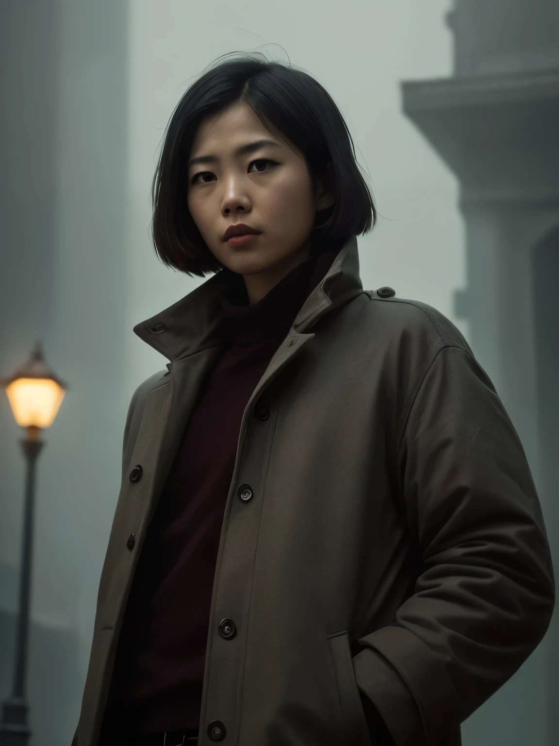 (masterpiece,best quality: 1.2), detailed face, (muted colours:1.2, dark studio, rim lighting, two tone lighting, dimly lit, low key, ),
a poster for a 1930s \(style\), noir detective movie,(noir atmosphere:1), gloomy atmosphere, emphasis on noir colors,
the 1930s (/style/), asian woman, put on his coat and headed out into the cold night air, ready to follow the clues wherever they led,
trending on ArtStation, trending on CGSociety, Intricate, High Detail, dramatic, photorealistic painting art by midjourney and greg rutkowski,
