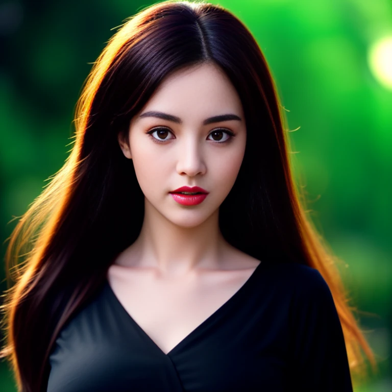 Harafe woman with round face, long hair, long hairสลวยปลิวขึ้นผมหางม้ายาวใหล, long hairมาก, Looking straight at the viewer, Young Asian woman with a round face, Thai anime, long hairสลวย, Big eyes,Big eyes,Double eyelids, black eyes, very large breasts, 38 inches, The chest is round and curved and shiny., abdominal muscles, perfect body, Wear a dark round neck t-shirt., (digital painting, HDR, high contrast), straight face), (Highest quality),(Masterpiece:1.3),(sharp focus:1.2),glowing face, (Red cheeks:1.4), standing walking outdoors, The evening sun shines beautifully and realistically.,