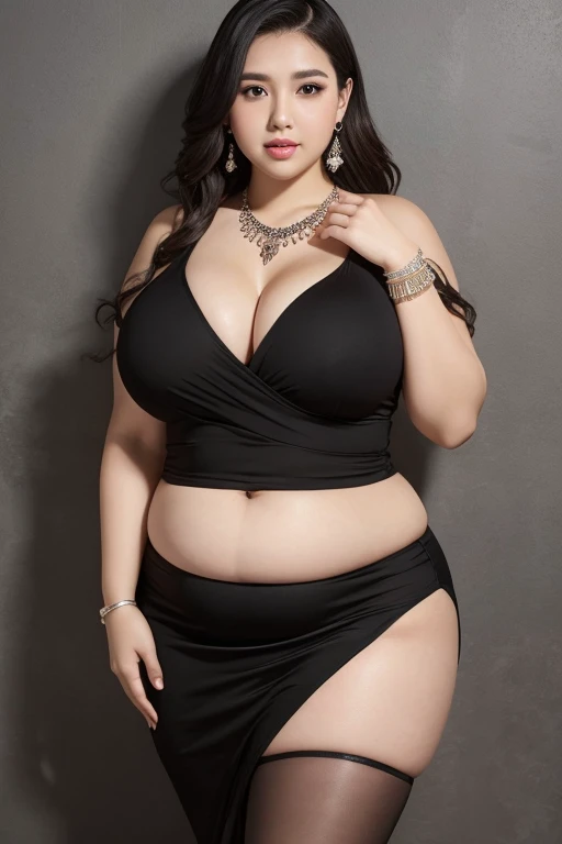 130kg, morbidly obese woman, large belly, protruding belly, big belly, convex belly, abdominal exposure, exposed navel, mini skirt, high heel, earring, necklace, bracelet, Outer eyelid