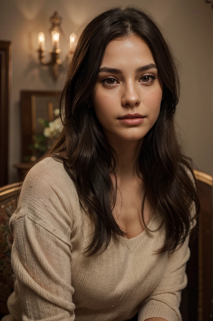 a realistic young woman, dark hair, beautiful facial features, full lips, dark eyes, small nose, dimple, long hair, high quality, detailed, photorealistic, 8k, masterpiece, warm color tones, dramatic lighting, natural skin tones, elegant, serene, beautiful