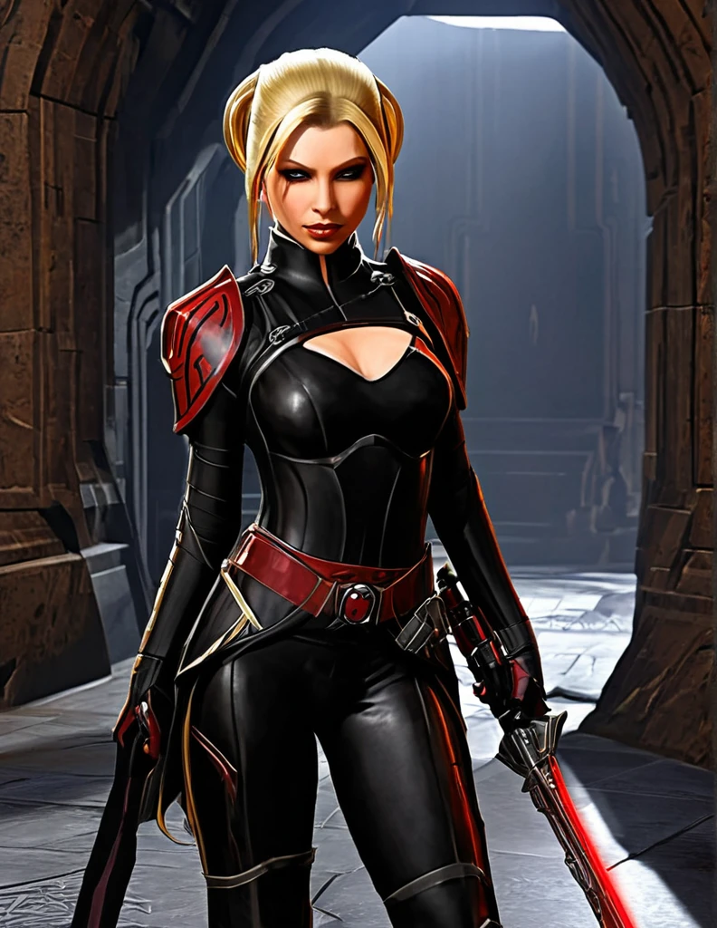 Une femme au cheveux longs blonde, seule,  apparence sensuelle, seigneur sith, inspiré de star Wars old republic, en armure moulante noir, marche dans des ruines d'un temple sith de koriban sombre, sabre laser rouge en main, a un regard fort, des yeux doré, un visage doux  et autoritaire , démarche gracieuse, courbes parfaite pour le corps en sablier, hanche ronde en forme de coeur.