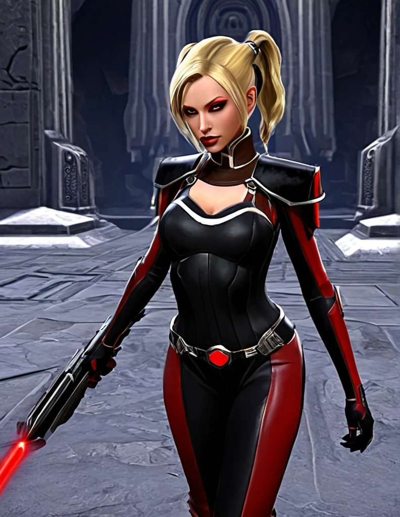 Une femme au cheveux longs blonde, seule,  apparence sensuelle, seigneur sith, inspiré de star Wars old republic, en armure moulante noir, marche dans des ruines d'un temple sith de koriban sombre, sabre laser rouge en main, a un regard fort, des yeux doré, un visage doux  et autoritaire , démarche gracieuse, courbes parfaite pour le corps en sablier, hanche ronde en forme de coeur.