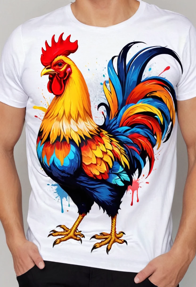 A t-shirt with vector art of a colorful Barcelos rooster illustration , At the center, swirly vibrant colors, paint splashes and smears, high détail, t-shirt designs
(work of art, best qualityer, proffesional, perfect composition, very aesthetic, absurdrez, super verbose, details Intricate:1.3)