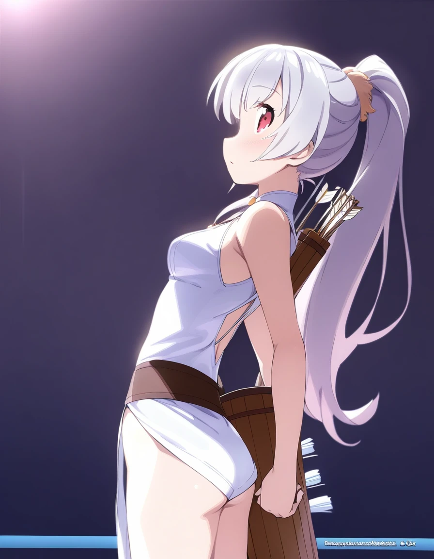 1 girl, windy forest background, shiny backlight,
battle scene, bowing arrow,
volumy long ponytail, silver hair, red eyes,
middle breasts, her hair is fluttering down,
white fantasic leotard outfit, white long loincloth,brown belts,
long Quiver of Arrows behind back,
strongly draw the bowstring
shooting arrow, holding bow,open legs,open thighs, arched back,
scerious, aiming, gazing,
cowboy shot, looking side,
masterpiece, best quality,
general,
rotated composition,
