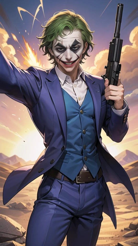 Masterpiece, best quality, The Joker wears a purple suit., , look at viewer, Aim the gun., ถือpistol, look at viewer, stand, , ((pistol)),((Aim the gun.ไปที่ผู้ชม)),gun possession, desert, Laugh and laugh ,explosion from gun , lots of smoke