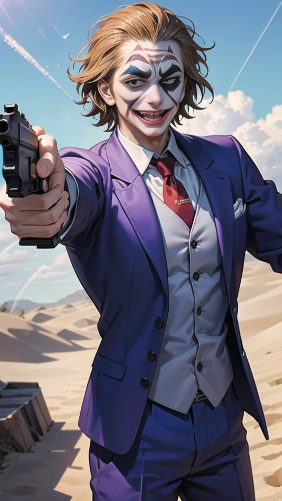 Masterpiece, best quality, The Joker wears a purple suit., , look at viewer, Aim the gun., ถือpistol, look at viewer, stand, , ((pistol)),((Aim the gun.ไปที่ผู้ชม)),gun possession, desert, Laugh and laugh ,explosion from gun , lots of smoke