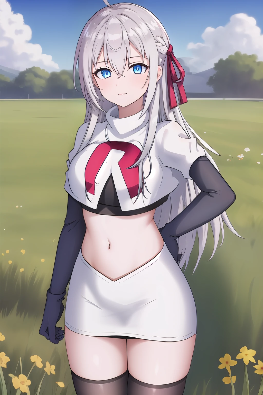 alisa,1girl,solo,long_hair,looking_at_viewer,bangs,blue_eyes,hair_between_eyes,hair_ribbon,ahoge,grey_hair,team rocket,team rocket uniform,white skirt,red letter R,crop top,black thigh-highs,black elbow gloves,flower_field
